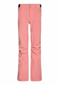 Pantalon de ski rose avec une texture lisse et douce. Comprend deux poches avant, une fermeture à bouton et des jambes évasées pour une meilleure mobilité.