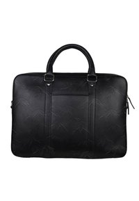 Sort læder laptop taske med en glat tekstur, to top-håndtag, præget bladmønster og en lynlåslomme på siden.