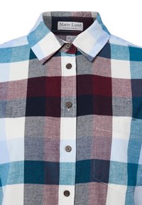 Cotton plaid shirt in turquoise, burgundy, gray, and white. Features a button-up front, pointed collar, and single chest pocket.
