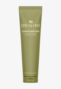 Origins Plantscription™ anti-aldringsrens i en matt olivengrønn tube. Har hvit tekst, rund form og flipptopp-lokk. Kapasitet på 150 ml.