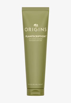 Origins Plantscription™ anti-aging reiniger in een matte olijfgroene tube. Voorzien van witte tekst, afgeronde vorm en een flip-top dop. Inhoud 150 mL.