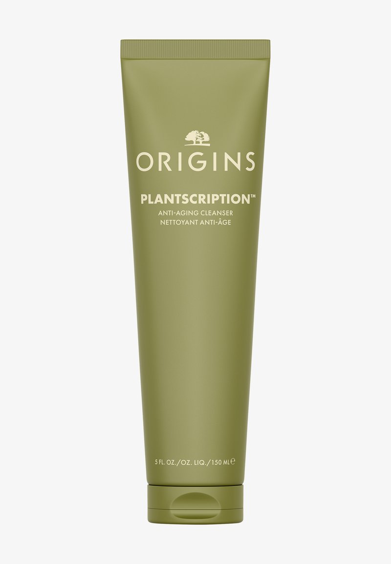 Origins Plantscription™ anti-aging reiniger in een matte olijfgroene tube. Voorzien van witte tekst, afgeronde vorm en een flip-top dop. Inhoud 150 mL.