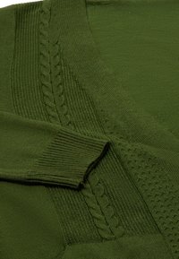 Maglione verde oliva con una combinazione di motivi a maglia testurizzati, tra cui lavorazione a treccia e dettagli a coste, con scollatura a V.