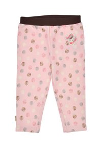 Pink cotton leggings with a polka dot pattern in various pastel colors. Features a brown elastic waistband and a unicorn patch detail.