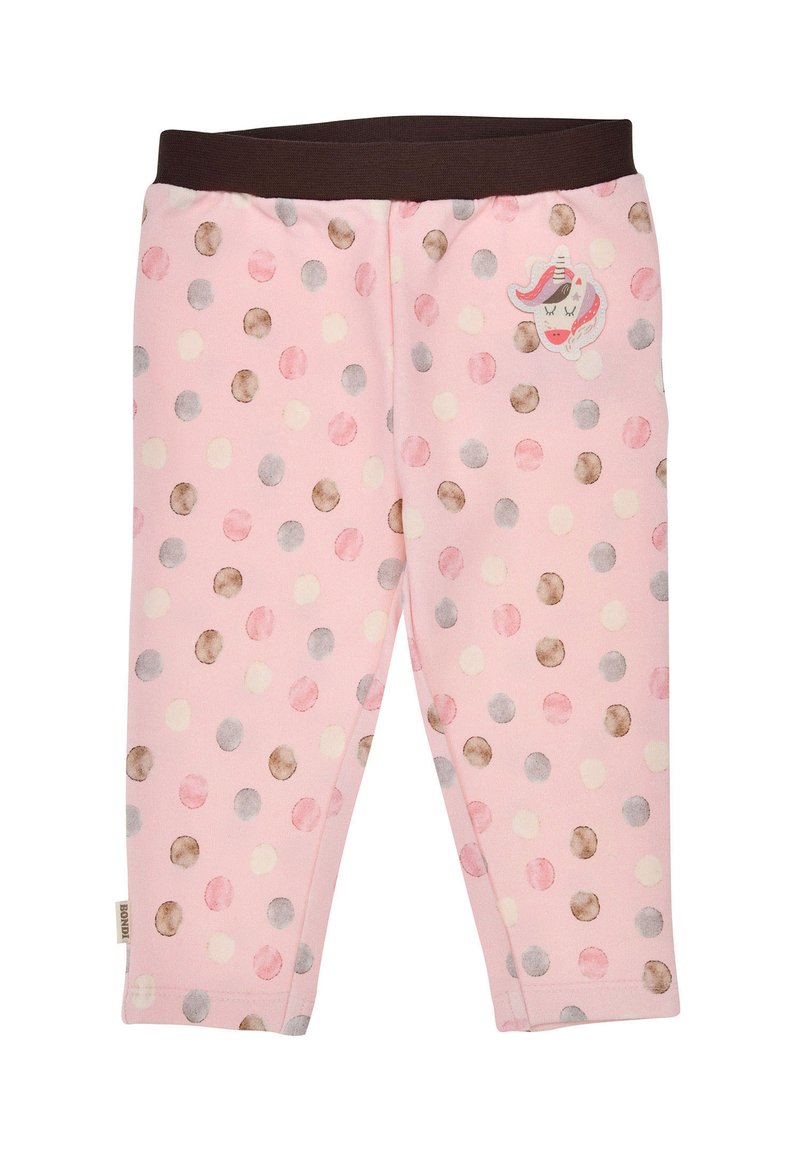 Pink cotton leggings with a polka dot pattern in various pastel colors. Features a brown elastic waistband and a unicorn patch detail.