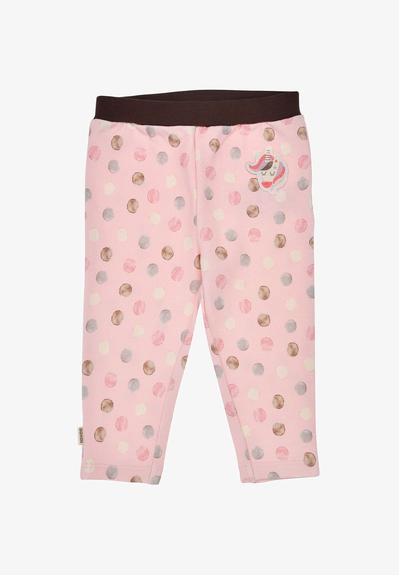 Pink cotton leggings with a polka dot pattern in various pastel colors. Features a brown elastic waistband and a unicorn patch detail.