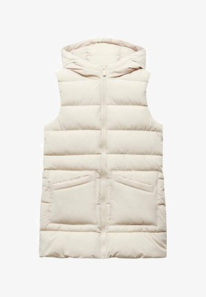 Gilet imbottito beige chiaro con cappuccio, chiusura frontale a cerniera e due tasche con pattina. Presenta una texture trapuntata con sezioni in rilievo in tutto.