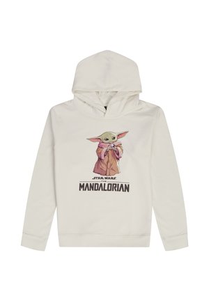 Beiger Kapuzenpullover mit der Cartoonfigur Grogu aus Star Wars, der eine Tasse hält, mit dem Text "Star Wars The Mandalorian" darunter.