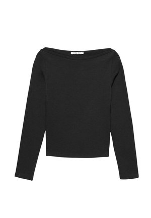 Sort langærmet top med off-shoulder halsudskæring, lavet af en glat, tætsiddende bomuldsblanding, der har et kort design.