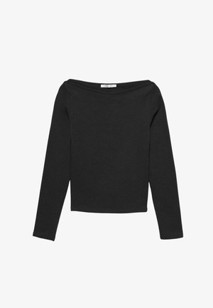 Sort langærmet top med off-shoulder halsudskæring, lavet af en glat, tætsiddende bomuldsblanding, der har et kort design.