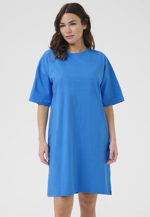 Blauwe katoenen T-shirt jurk met korte mouwen, ronde halslijn en een losse pasvorm, met een gladde textuur en een lengte tot halverwege de dijen.
