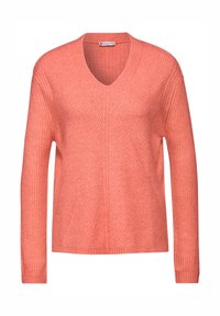 Sweter z dekoltem w serek, długim rękawem w kolorze koralowym, z teksturowanym, prążkowanym wzorem oraz ukośnymi detalami na przodzie.