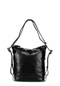 Sac à main en cuir noir avec une texture froissée, un design souple, des bretelles ajustables et une fermeture éclair. Doté d'accents en métal argenté.