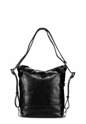 Sac à main en cuir noir avec une texture froissée, un design souple, des bretelles ajustables et une fermeture éclair. Doté d'accents en métal argenté.