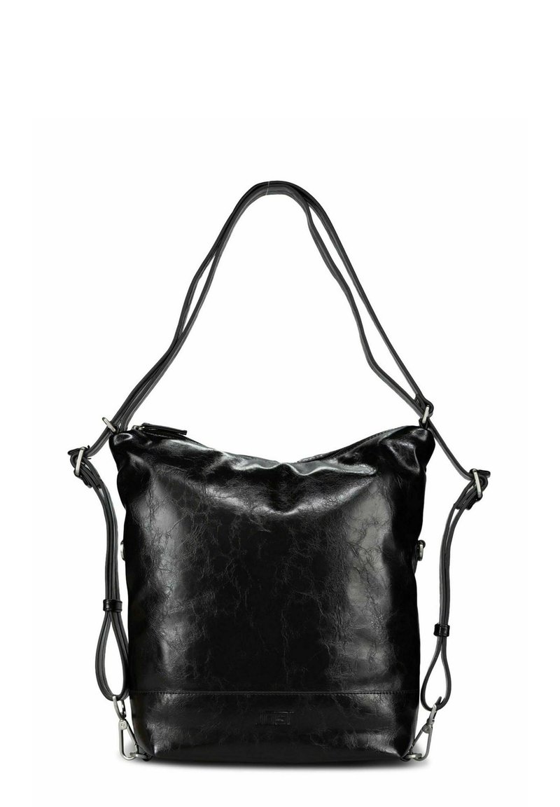 Sac à main en cuir noir avec une texture froissée, un design souple, des bretelles ajustables et une fermeture éclair. Doté d'accents en métal argenté.