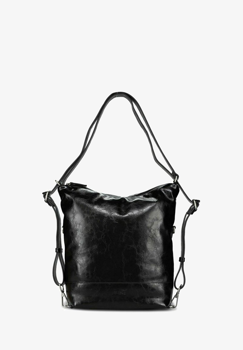 Sac à main en cuir noir avec une texture froissée, un design souple, des bretelles ajustables et une fermeture éclair. Doté d'accents en métal argenté.
