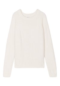 Pull à col rond blanc avec des manches longues. Texture douce ; design minimal sans motifs ni accents. Coupe standard.