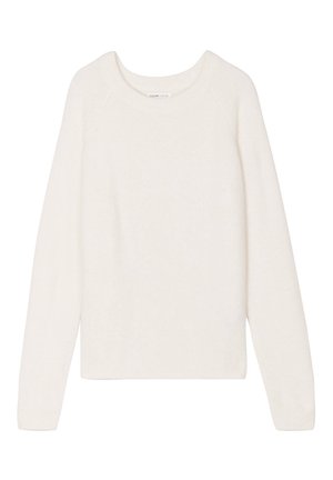 Suéter blanco de cuello redondo con mangas largas. Textura suave; diseño minimalista sin patrones ni acentos. Corte estándar.