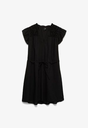 Black knee-length dress with short flutter sleeves, embroidered yoke detail, V-neckline, and a tied waist belt.