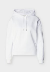 Sweat à capuche blanc uni avec manches longues et cordons, avec un petit logo discret sur la poitrine gauche.