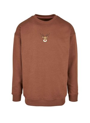 Sweatshirt marron avec un col rond, présentant un visage de renne en cartoon brodé au centre. Fabriqué en tissu doux en mélange de coton.