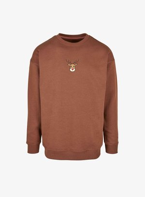 Hnědá mikina s kulatým výstřihem, uprostřed zdobená vyšitým obličejem karanténního soba. Vyrobena z měkké směsi bavlny.