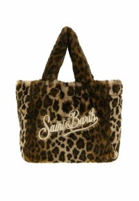 Borsa tote in finta pelliccia con stampa leopardata e doppi manici. Presenta il logo "Saint Barth" in bianco su una superficie testurizzata marrone e beige.