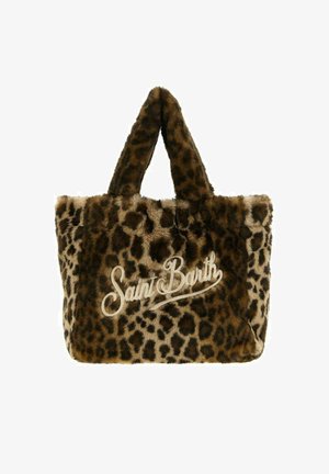 Borsa tote in finta pelliccia con stampa leopardata e doppi manici. Presenta il logo "Saint Barth" in bianco su una superficie testurizzata marrone e beige.