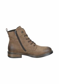 Braune Leder-Stiefelette mit einer abgerundeten Zehenpartie, schnürbarem Vorderteil, seitlichem Reißverschluss und einem niedrigen, taillierten Absatz. Verfügt über ein strukturiertes Material und eine detaillierte Nahtführung.