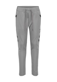 Grå sportsbukser lavet af blødt materiale, med en elastisk talje med snøre, sidelommer og sorte zigzag-mønstre langs siderne.