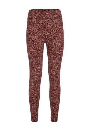 Slim-fit leggings met een bruine basis en een klein roze bloemenpatroon, voorzien van een hoge tailleband en broekspijpen in volledige lengte.