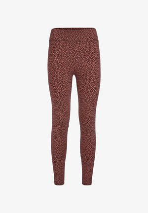 Slim-fit leggings met een bruine basis en een klein roze bloemenpatroon, voorzien van een hoge tailleband en broekspijpen in volledige lengte.