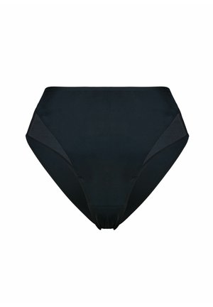 Black high-waisted bikini bottoms with mesh side panels and ruched detailing at the center front, isolated on a white background.