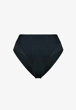 Black high-waisted bikini bottoms with mesh side panels and ruched detailing at the center front, isolated on a white background.