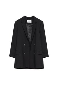 Blazer nero doppiopetto con una morbida fodera in satin, rever a punta e bottoni in tono argento. Presenta due tasche frontali e maniche a tre quarti.