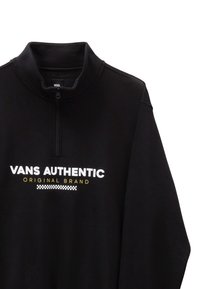 Sweat-shirt noir à fermeture zippée jusqu'au quart avec le texte « VANS AUTHENTIC ORIGINAL BRAND » et une bande à damier imprimée sur la poitrine.