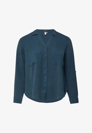 Dunkelgrüne, langärmelige Bluse mit Knöpfen, Kragen und zwei Brusttaschen, aus strukturiertem Stoff mit abgerundetem Saum.