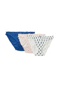 Trois culottes pour femmes : bleu foncé, rose doux et blanc à motif floral, avec des bords froncés et des ceintures élastiques.