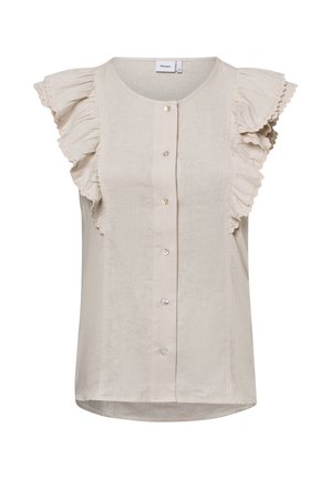 Kurzärmlige, sandfarbene Bluse mit Rüschensleeves, rundem Ausschnitt und vorderem Knopfverschluss. Hergestellt aus leichtem Stoff mit subtiler Textur.