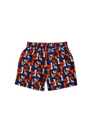 Pantaloncini da bagno corti con vita elastica, caratterizzati da un motivo colorato di lettere sovrapposte in rosso, arancione, blu e bianco.