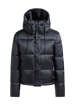 Jachetă puffer neagră căptușită, cu guler înalt, șnururi ajustabile și textură elegantă. Dispune de buzunare laterale și închidere cu fermoar frontal.