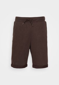 Brown cotton shorts with a drawstring waist, featuring rolled cuffs and a smooth texture. No pockets visible.