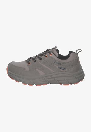 Gray waterproof hiking shoe with black accents, featuring orange laces and outsole, padded collar, and textured upper for durability.