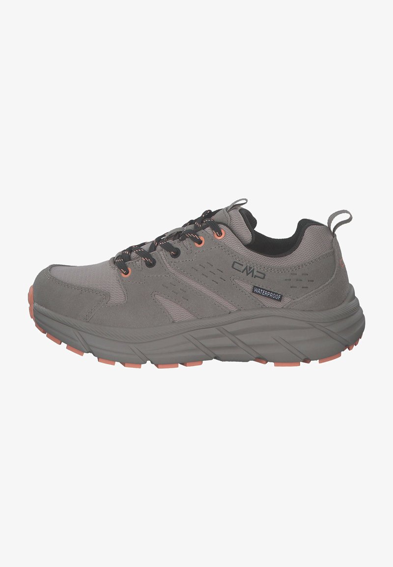 Gray waterproof hiking shoe with black accents, featuring orange laces and outsole, padded collar, and textured upper for durability.
