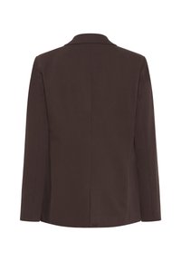 Bruine maatwerk blazer met een slank ontwerp, beschikt over een geknipt kraag, een soepele textuur en strakke lijnen; de achterkant heeft minimale details.