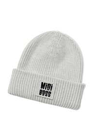 Gray knit beanie with a ribbed texture. Features a foldable cuff and a rectangular patch that reads "Mini Boss" in black lettering.