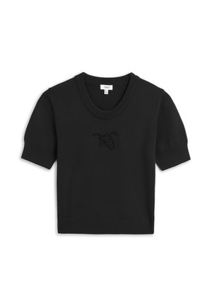Czarny krótki sweter z okrągłym dekoltem i teksturowanym, haftowanym logo „TW” na środku klatki piersiowej.