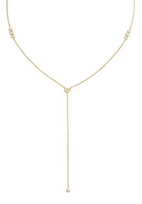 Collana in oro con un pendente centrale a forma di cuore decorato in dettaglio e una catena appesa con un singolo accento rotondo all'estremità.