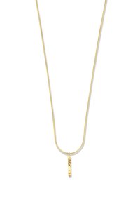 Gouden ketting met een glad, langwerpig hanger met een geslagen structuur, hangend aan een fijne ketting met een gepolijste afwerking.