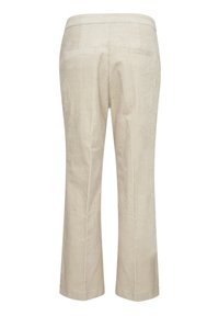 Beige corduroy broek met een rechte pijp, voorzien van achterzakken en een subtiele ribbeltextuur, ontworpen voor een getailleerde pasvorm.